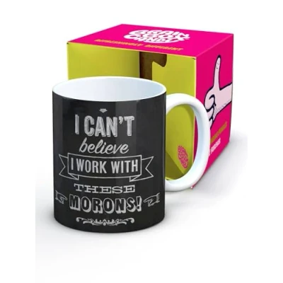 Immagine di Tazza umoristica con scritta divertente in lingua inglese “Work With Morons, idea regalo