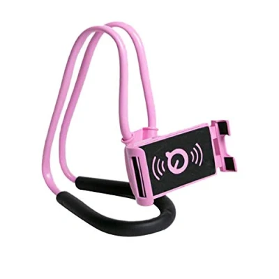 Immagine di xfaiz Lazy supporto per cellulare da appendere al collo, flessibile con clip braccia lunghe, rotazione a 360, molteplici funzioni scrivania, letto, bici e moto (rosa)