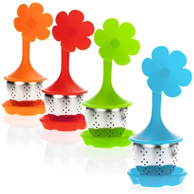 Immagine di COM FOUR® 4x infusore da tè in acciaio inox e silicone colino con coperchio piattino filtro lavabile lavastoviglie (04 pezzi fiore)