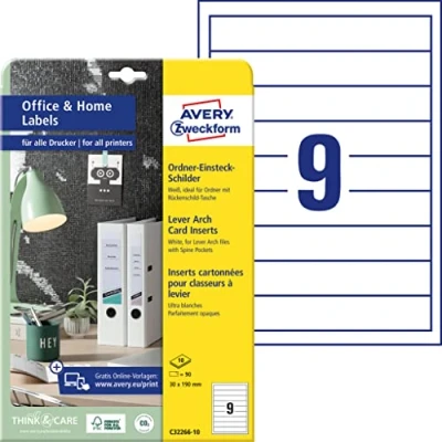 Immagine di AVERY Zweckform C32266 10 Inserti dorso per cartelle (90 etichette dorso, 30 x 190 mm su formato A4, stampabili inserto, microperforazione, ideali casa) fogli bianchi