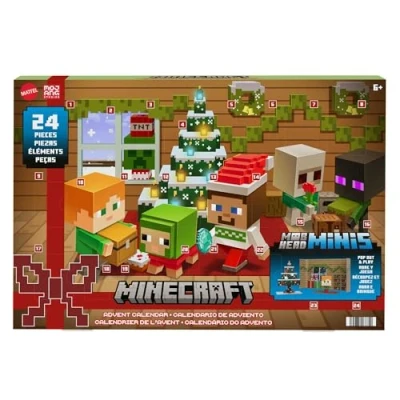 Immagine di Mattel Minecraft Mini Teste Mob Calendario dell&#039;Avvento, con 24 sorprese, una per ogni giorno, personaggi e accessori dal design pixelato del videogioco, giocattolo bambini, 6+ anni, HND33