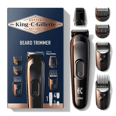 Immagine di King C. Gillette REGOLABARBA UOMO, Senza Fili, Lame RASOIO Lunga Durata ELETTRICO BARBA Con Testina Lavabile, 4 Pettini Regolatori, Idea Regalo Uomo