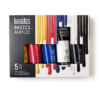 Immagine di Liquitex 3699350 Basics Pittura acrilica, Pigmenti per artisti monopigmentati, Resistente alla luce, durevole nel tempo, Finitura satinata, Set di colori 5Tubi da 118 ml
