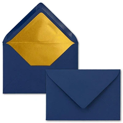 Immagine di FarbenFroh by Gustav Neuser 10 buste per lettere, formato B6, con fodera interna dorata, 12,5 x 17,6 cm, colore: blu notte (blu), foderate carta metallica, incollaggio a umido