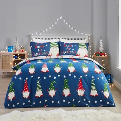 Immagine di Fusion Copripiumino natalizio blu navy letto matrimoniale (230 x 220 cm) Reversibile (2 colori) 100% cotone 2 federe incluse con gnomo Biancheria da