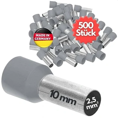 Immagine di Kalitec AE2510GR 500 terminali isolati, 2,5 mm², lunghezza 10 mm, colore grigio, Made in Germany, qualità industriale