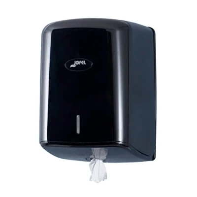 Immagine di Jofel dispenser per rotoli di carta fino a 205 mm stoppino continuo, rotolo speciale base centrale, massima igiene, contenitore in ABS, Value AG47600, Nero