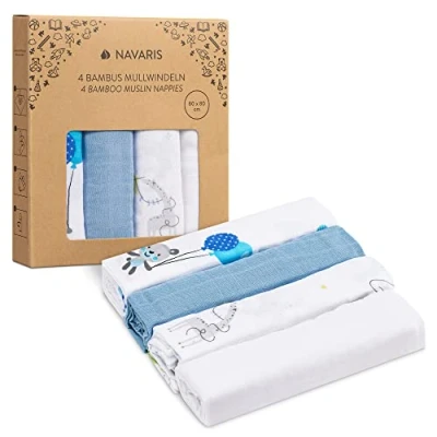 Immagine di Navaris Set 4x Mussole per Neonato Misto Cotone e Viscosa Copertina 80x80cm Extra Soffice Resistente Fascia Allattamento Bianco/Blu