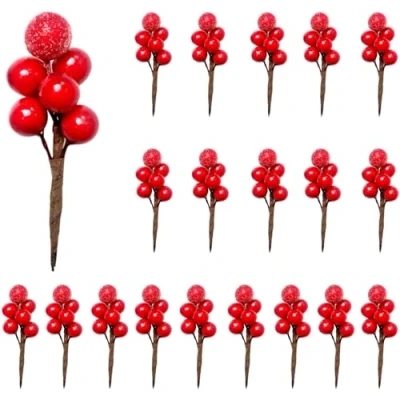 Immagine di RXXR 20 pezzi decorazione artificiale bacche finte Decor su filo per la dell&#039;albero di Natale Corona fiori DIY Craft Use