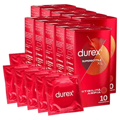 Immagine di Durex Supersottile XL Preservativi Extra Large Uomo Lattice di Gomma Naturale Trasparenti Lubrificati Forma Easy On con Serbatoio Vestibilità Ampia Spessore Sottile 10 Confezioni da Profilattici