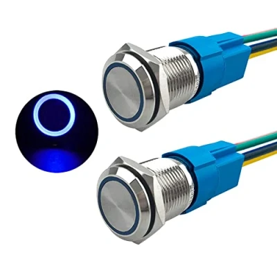 Immagine di Aiqeer 2 Pezzi 16 mm Interruttore a Pulsante Momentaneo, 12V / 24V 5A di Accensione per Auto, in Metallo con Presa Precablata (LED Blu)