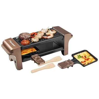 Immagine di Bestron Mini Raclette per 1 2 Persone, griglia da tavolo con padelline e spatole in legno, Piastra 350 watt, Colore: Rame