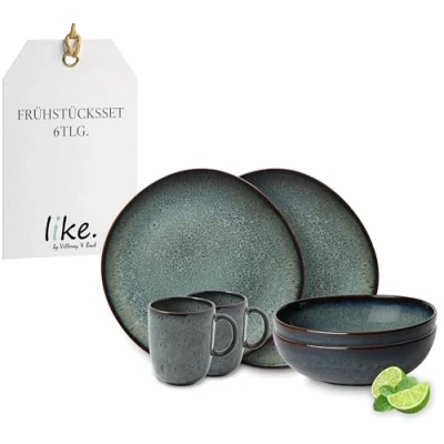 Immagine di like. by Villeroy &amp; Boch Lave set di stoviglie in terracotta, 6 pz., look pottery, servizio da colazione per 2 persone, grigio