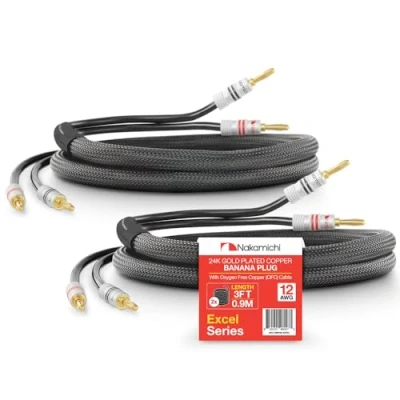 Immagine di Nakamichi Excel Series Connettore Banana Placcato in Oro 24k con Cavo degli Altoparlanti Rame Senza Ossigeno al 99.9% (OFC) Intrecciato Certificato CL2 Nero (12AWG / 3ft 0,9m) 2 Pacchi