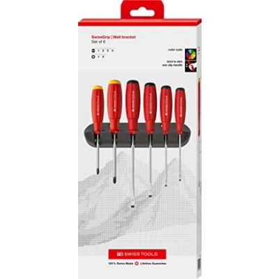 Immagine di PB Swiss Tools Set di cacciaviti a croce 8244 100% Made 6 pezzi SwissGrip cacciavite fessura 1/2/3/4 PH 1/2, con pratico supporto da parete
