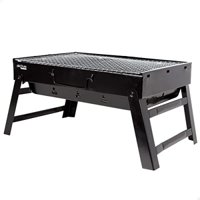 Immagine di AKTIVE 63032 Barbecue portatile a carbone in acciaio nero e rettangolare, pieghevole, dimensioni 43 x 29 22 cm, con manico, facile da trasportare, griglia campeggio, terrazza, balcone