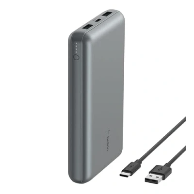 Immagine di Belkin Caricabatterie portatile USB C 20K, power bank 20000mAh con ingresso/uscita Type C, 2 porte A e cavo da incluso per iPhone, Galaxy, iPad, Pixel, AirPods Grigio siderale