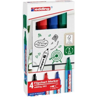 Immagine di edding 383 Marcatore per flipchart punta a scalpello; Astuccio 4 pz.; Colori nero, rosso, blu, verde; Tratto 1 5 mm