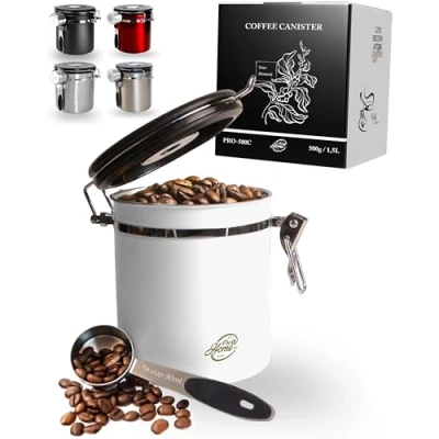 Immagine di Pro@Home43® Barattolo caffe ermetico 500g Bianco Contenitore per caffè in grani acciaio inox 1,5L con funzione di calendario, incl. cucchiaio dosatore, fornito confezione regalo