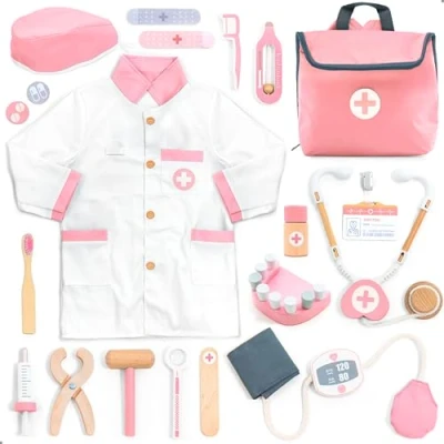 Immagine di UMU® valigetta da medico in legno per bambini con stetoscopio, misuratore di pressione sanguigna e altro ancora, dottore, giocattolo gioco ruolo, kit ragazze a partire