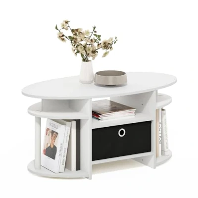 Immagine di Furinno Jaya Tavolino Ovale dal Design Semplice con Cestino, Legno ingegnerizzato, Bianco/Bianco/Nero, 12,04 (P) x 41,66 (L) 50,04 (A) cm