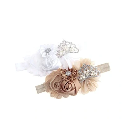 Immagine di Nishine Cerchietto per capelli da battesimo in tessuto elasticizzato neonati, confezione 2 pezzi (bianco/cachi)