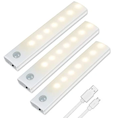 Immagine di Vicloon Luce per Armadio, 3Pcs Lampada Guardaroba LED con Sensore di Movimento, Batteria Ricaricabile Striscia Magnetica Adesiva, Luci Notturne Scale, Bagno, Camera, Corridoio