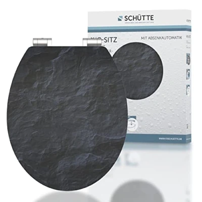Immagine di SCHÜTTE Black Stone 80535 Sedile WC in legno HG, lucido, con abbassamento automatico, adatto per tutti i commercio, carico massimo degli occhialini, 150 kg, motivo pietra