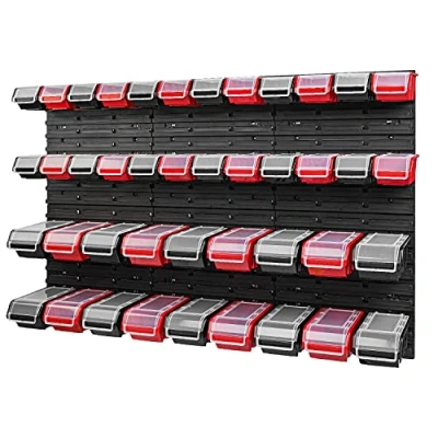 Immagine di Scaffalatura impilabile a parete, 1158 x 780 mm, sistema di stoccaggio, 42 pezzi, con coperchio, scaffali per riporre oggetti, scaffali, colore: nero/rosso