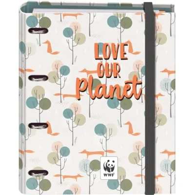 Immagine di Dohe Raccoglitore a 4 anelli con ricarica 100 fogli formato A4, chiusura gomma, divisori di colori, busta porta documenti, carta 90 g/m², compressore, materiale scolastico WWF Love Our