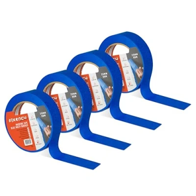 Immagine di Fixency 4x Nastro Carta Imbianchino (25 mm x 50 m) I per Mascheratura, Verniciatura, Ristrutturare, Pitturare di Colore: Blu