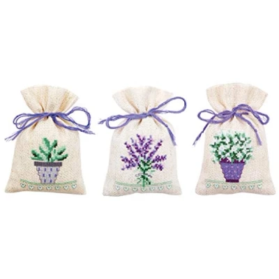 Immagine di Vervaco Kräutertütchen Blumen, 3er Set, Zählmuster Confezione per Ricamo a Punto Croce, Cotone, Multicolore, 8.0 x 12.0 0,3 cm, 3 unità