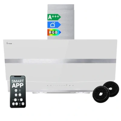 Immagine di Cappa aspirante 90 cm da parete con altezza in piedi Acciaio inossidabile Vetro bianco WiFi Spegnimento automatico Illuminazione LED RGBW Controllo tattile HERMES9005WM