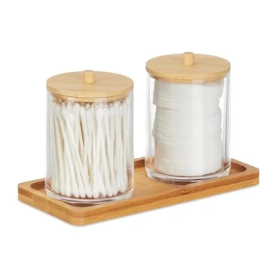 Immagine di Relaxdays Porta Cotton Fioc, Bagno, 3 Box in Plastica per Dischetti di Cotone, Coperchi bambù, Naturale Trasparente, 11 x 27 9,5 cm