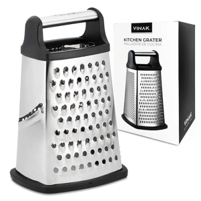 Immagine di VINAK Grattugia da cucina grande in acciaio inox Con 4 facce: Largo + Lungo Fine Zester manico ergonomico e base gomma antiscivolo