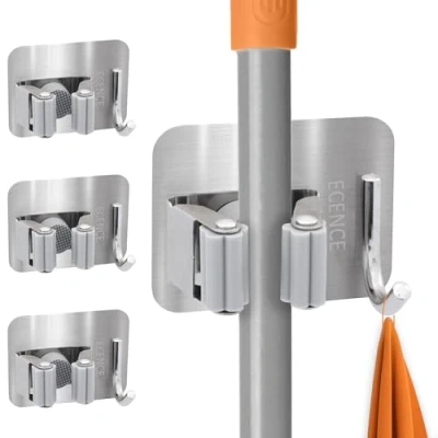 Immagine di ECENCE 4x Porta scopa Auto adesivo, utensili adesivi con ganci, supporto a muro per cucina, ripostiglio, bagno, universale sgancio rapido Argento