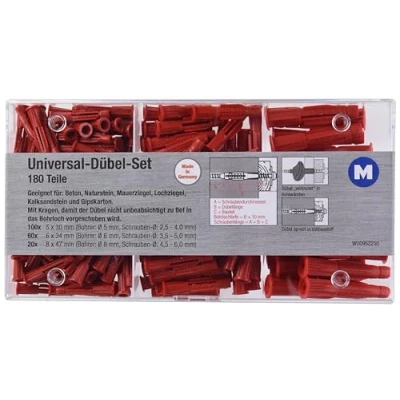 Immagine di Metafranc Set universali, 180 Pezzi, Ø 5/6/8 mm, Made in Germany, per fissaggi Materiali da Costruzione pieni e Cavi, Multiuso, tasselli di espansione, Tre Ali, 952250, Rosso