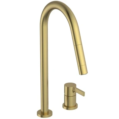 Immagine di Ideal Standard Gusto, Miscelatore monocomando per lavello da cucina a due fori, Bocca alta tubolare con doccetta orientabile ed estraibile funzioni, Brushed Gold