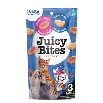 Immagine di INABA Juicy Bites Bocconcini per Gatti Gusto Pollo e Tonno 1 Busta (3 Packs x 11,3gr) Snack Semi Umido in Forme Diverse Cibo Senza Conservanti o Coloranti Artificiali