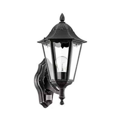 Immagine di Eglo lampada da parete esterno Navedo, esterno, incluso sensore di movimento, in alluminio pressofuso e vetro, nero, patina argentata, E27, IP44