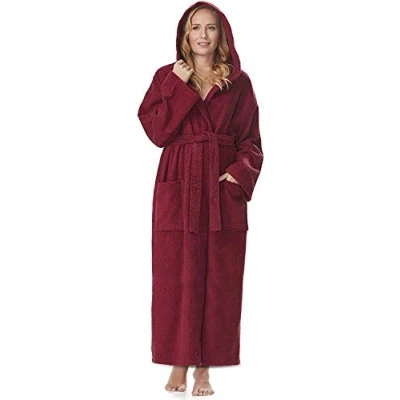 Immagine di Arus Accappatoio da donna con cappuccio, lunghezza al polpaccio, 100% cotone spugna, Taglia donna: M, unisex: S Rosso Vino