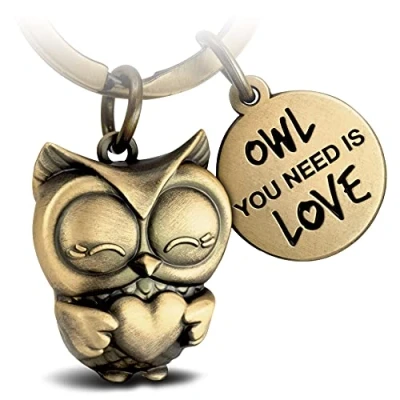 Immagine di FABACH Grazioso portachiavi con gufo, cuore e incisione, da regalare per amicizia amore, portafortuna in metallo donna, scritta lingua inglese Owl You Need is Love, Bronzo antico