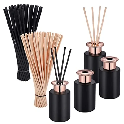 Immagine di JIZZU 4 Pezzi Bottiglie Vuota di Diffusore con Canne Bastoni (50 Neri &amp; 50 Beigi), Vetro per Bastoncini Profumati a Design del Diamante Diffusori