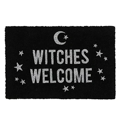 Immagine di something different Zerbino in fibra di cocco con scritta Witches Welcome, 1,5 cm x 60 (1 pezzo), circondato da una luna crescente e stelle, perfetto per Halloween tutti i giorni