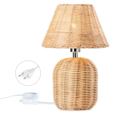 Immagine di lampada da tavolo in rattan bambù E14, comodino con spina e interruttore, stile retrò, naturale, lettura realizzata a mano, paralume tessuto cavo 1,5 m, per camera