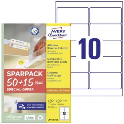 Immagine di Avery Zweckform L4744REV 65 Etichetta universale 96 x 50.8 mm Carta Bianco Foglio Staccabile Stampante a getto dinchiostro, laser, laser