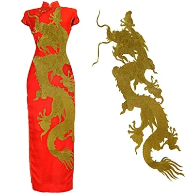 Immagine di Toppe Drago Lunghe Oro Applique Ricamo Patch Scrapbooking Cucire su Costume Decorativo 1 Pezzo