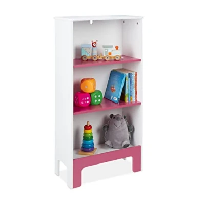 Immagine di Relaxdays Scaffale per la Cameretta dei Bambini, Organizer Libri e Giocattoli, HxLxP: 91x48x24 cm, MDF, Bianco Rosa, Legno ingegnerizzato