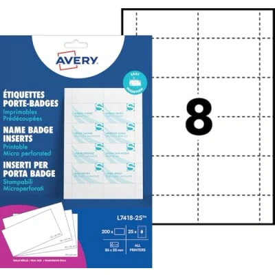 Immagine di Avery L7418 25 Inserti per badge con nome stampabili su entrambi i lati, 8 foglio A4