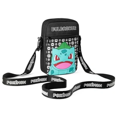 Immagine di Pokémon Borse a Tracolla per Bambini, Borsetta con Tasche, Borsello Versatile Scuola Viaggio Unisex Bambini Pikachu Gadget (Nera Bulbasaur)